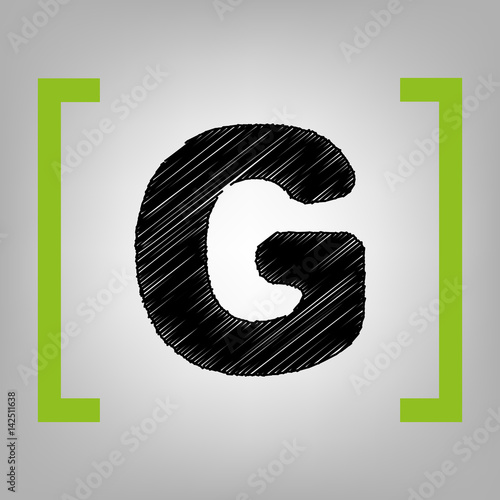 Letter G sign design template element. Vector. Black scribble icon in citron brackets on grayish background.