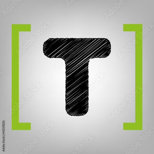 Letter T sign design template element. Vector. Black scribble icon in citron brackets on grayish background.