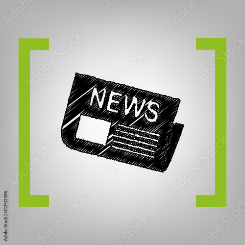 Newspaper sign. Vector. Black scribble icon in citron brackets on grayish background.