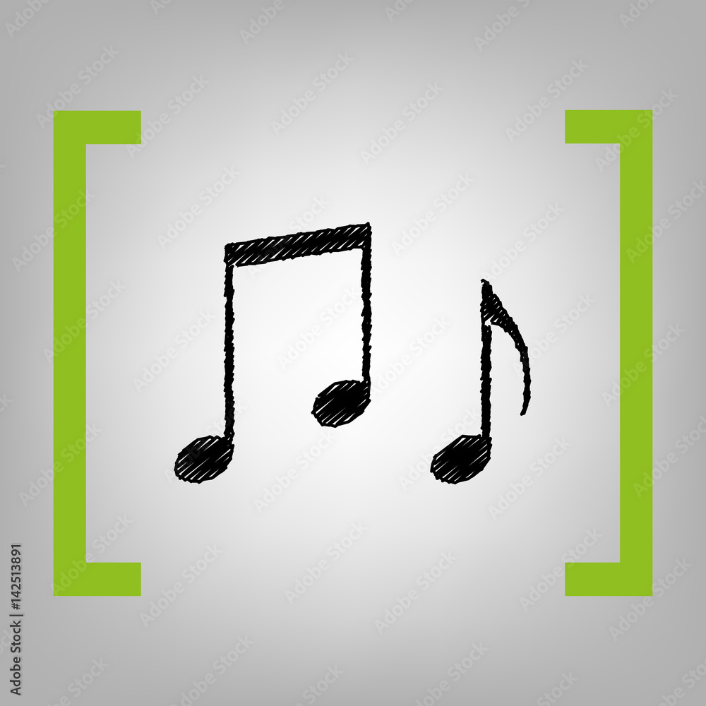 Music notes sign. Vector. Black scribble icon in citron brackets on