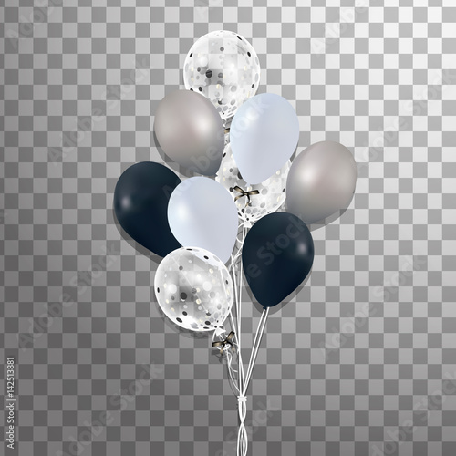Bunches and groups of colorful helium balloons isolated on transparent background. Frosted party balloon for event design. Party decorations for birthday, anniversary, celebration.