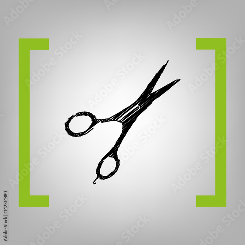 Hair cutting scissors sign. Vector. Black scribble icon in citron brackets on grayish background. photo