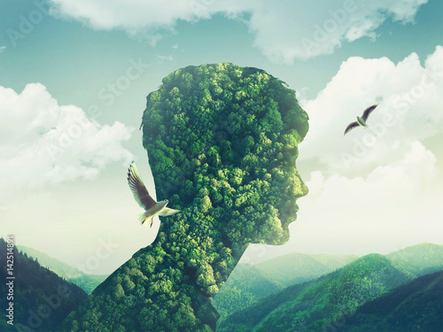 creative double exposure man nature, sky, green forest
