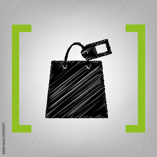 Shopping bag sign with tag. Vector. Black scribble icon in citron brackets on grayish background.