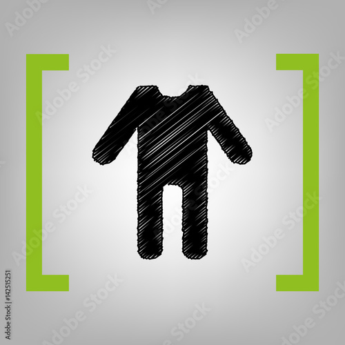 baby clothes sign. Vector. Black scribble icon in citron brackets on grayish background.