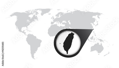 World map with zoom on Taiwan. Map in loupe. Vector illustration in flat style