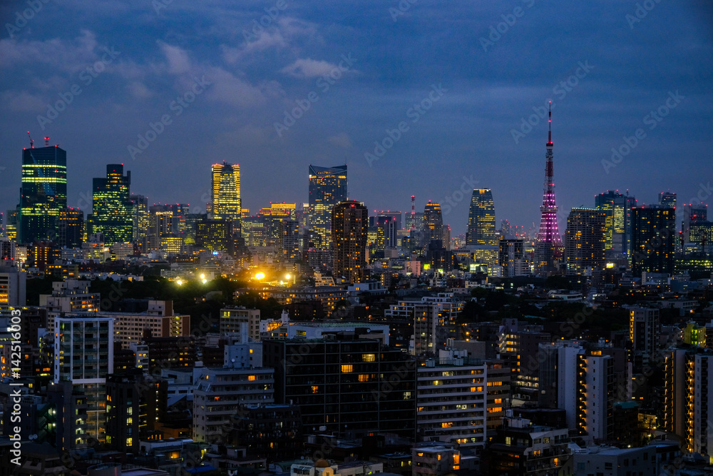 Tokyo skyline a night with a purple Tokyo Tower