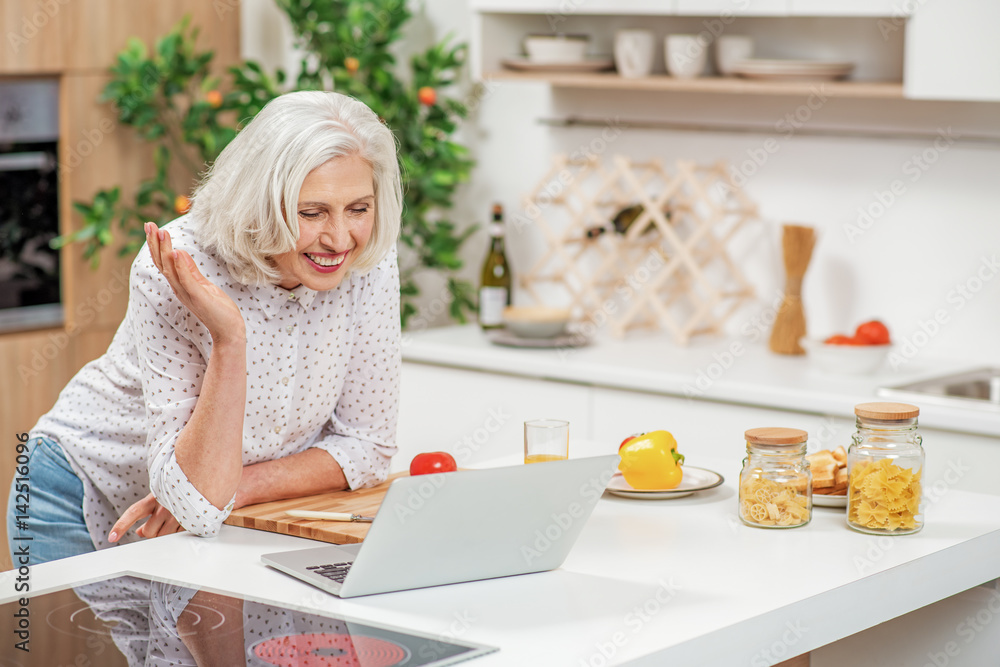 Cheerful senior housewife using computer for communication Cheerful senior housewife using computer for communication