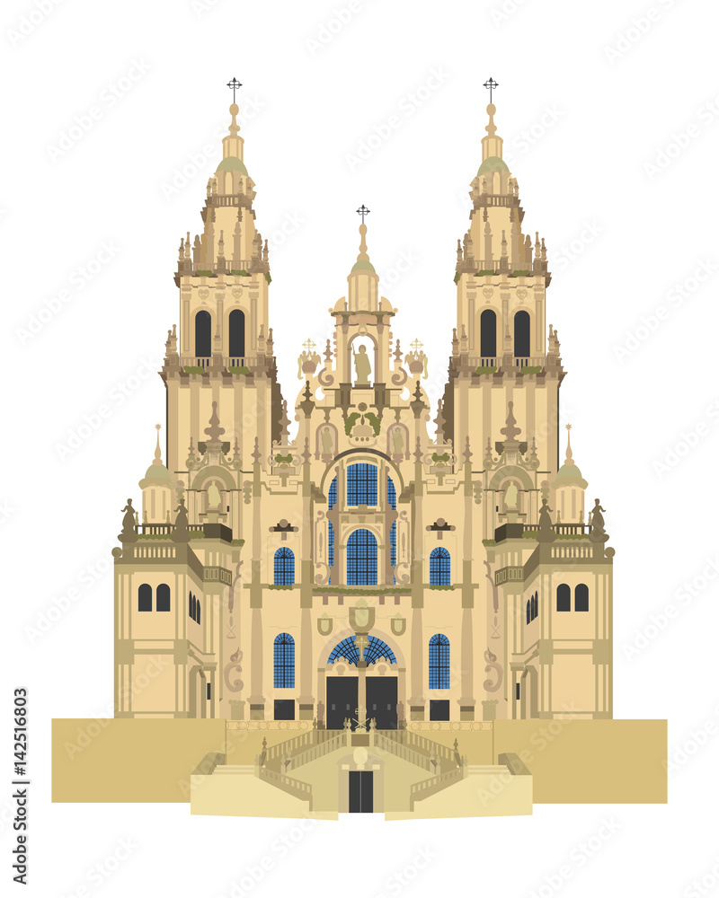 Fototapeta premium Santiago de Compostela Cathedral, Spain. Isolated on white background vector illustration.
