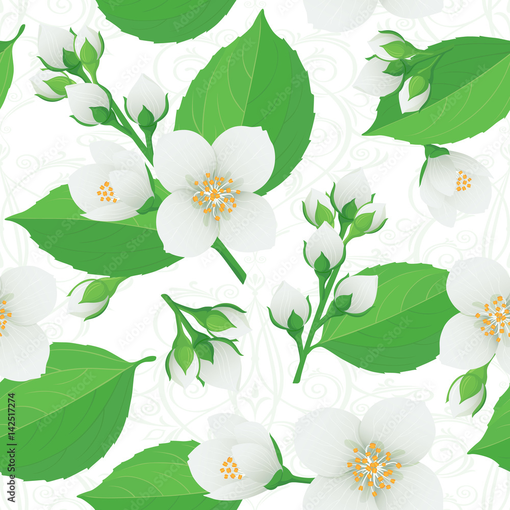 Colorful gentle seamless pattern or wallpaper of flowers, buds and leaves of fragrant jasmine. Isolated vector on an ornamental background for design. Stock Vector | Adobe Stock Colorful gentle seamless pattern or wallpaper of flowers, buds and leaves of fragrant jasmine. Isolated vector on an ornamental background for design. Stock Vector | Adobe Stock