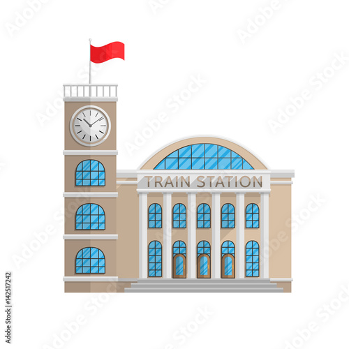 Train station building in Flat style isolated on white background