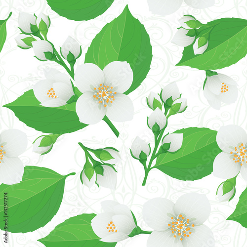Colorful gentle seamless pattern or wallpaper of flowers, buds and leaves of fragrant jasmine. Isolated vector on an ornamental background for design.