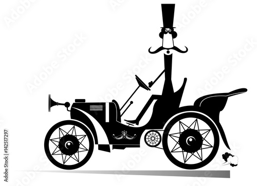 Gentleman in the retro car isolated. Smiling man in the top hat drives a retro car
