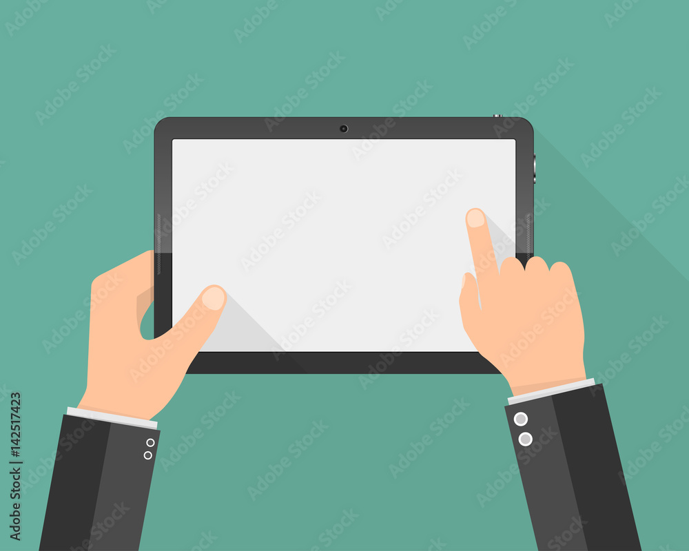 Modern tablet PC with blank screen in the hands. Vector illustration