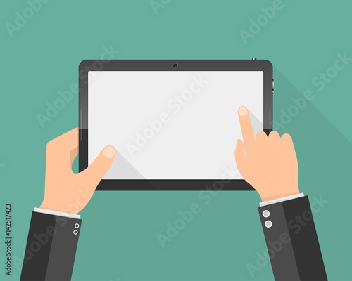 Modern tablet PC with blank screen in the hands. Vector illustration