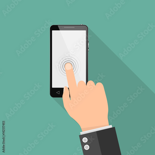 A man touches finger touch screen phone. Vector illustration.