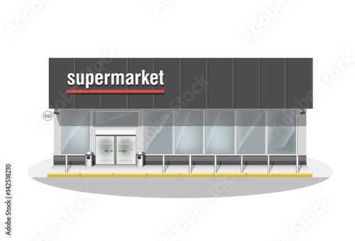 Supermarket. Premium big shop showcase and entrance automatic door. Store with white vector panorama windows. 
