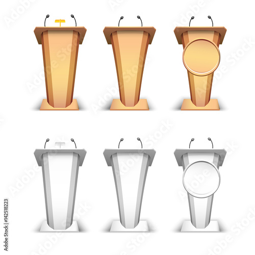 Wooden podium and white tribune. Rostrum stand with microphones and lamp isolated on white background
