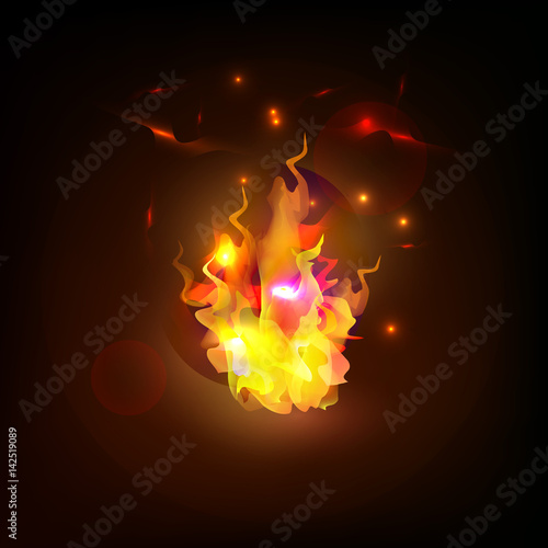 Fire flame with sparkles on a dark background.