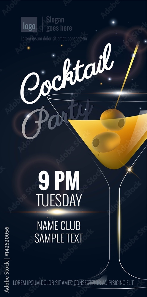 Cocktail Party invitation. Flyer or poster design with cocktail glass on  black background. Vector illustration vector de Stock | Adobe Stock