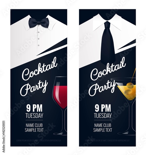 Cocktail Party invitation. Flyer or poster design with cocktail glass on black background. Vector illustration