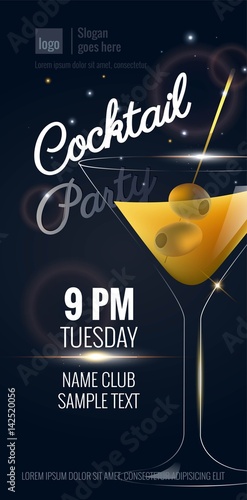 Cocktail Party invitation. Flyer or poster design with cocktail glass on black background. Vector illustration