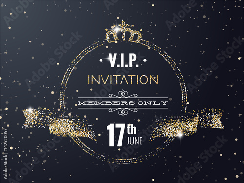 VIP party premium invitation card poster flyer with curving ribbon, crown. Black and golden design template. Vector illustration