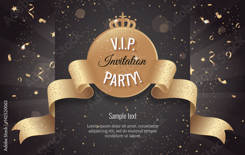VIP party premium invitation card poster flyer with curving ribbon. Black and golden design template. Vector illustration