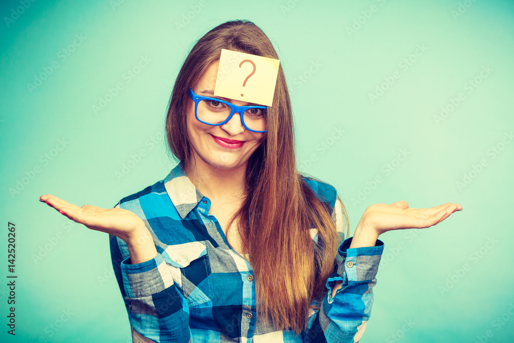 Thinking woman with big eyeglasses and light bulb Thinking woman with big eyeglasses and light bulb