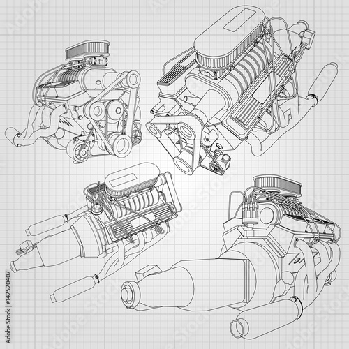 A set of several types of powerful car engine. The engine is drawn with black lines on a white sheet in a cage