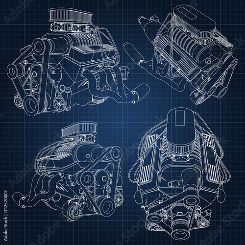 A set of several types of powerful car engine. The engine is drawn with white lines on a dark blue sheet in a cage