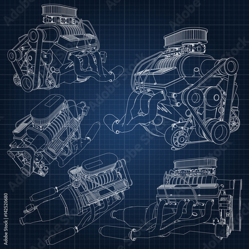 A set of several types of powerful car engine. The engine is drawn with white lines on a dark blue sheet in a cage