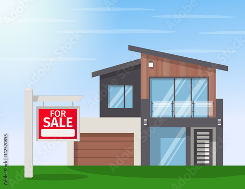 Real Estate for Sale. The house and sign in the foreground with the information. Vector flat design illustration
