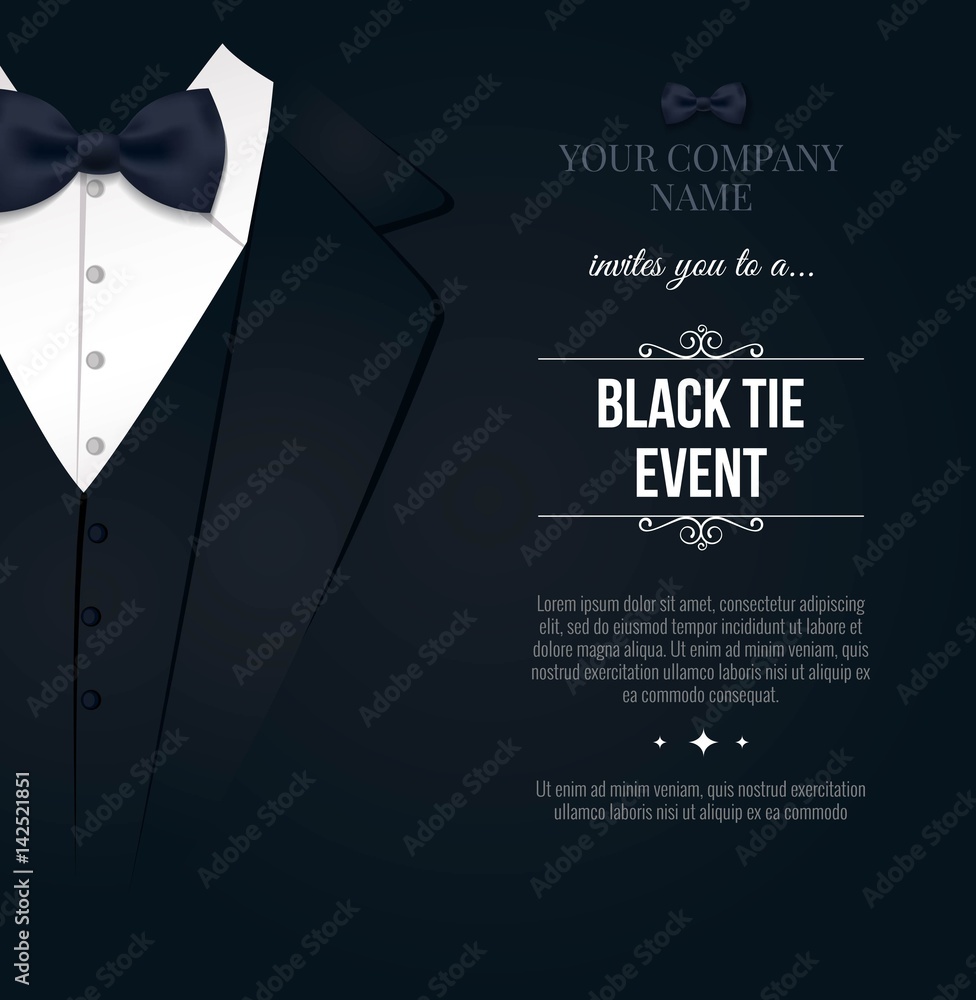 Black Tie Event Invitation. Elegant black and white card. Vector illustration - obrazy, fototapety, plakaty 