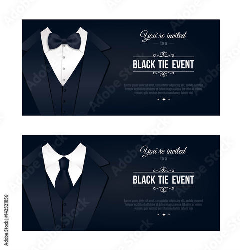 Two horizontal Black Tie Event Invitations.  Elegant black and white cards. Black banners set with businessman suits. Vector illustration