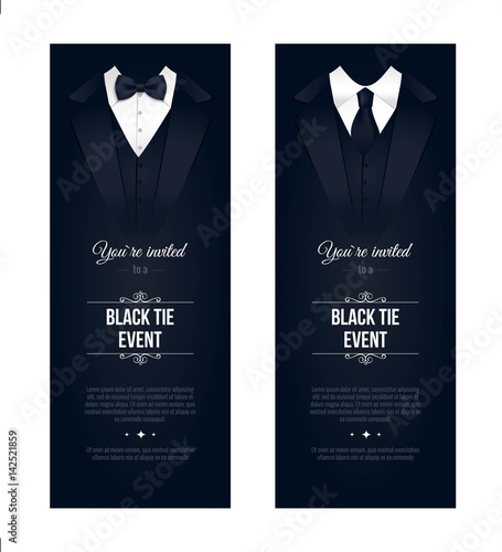Two vertical Black Tie Event Invitations. Businessmen banners. Elegant black and white cards. Black banners set with businessman suits. Vector illustration