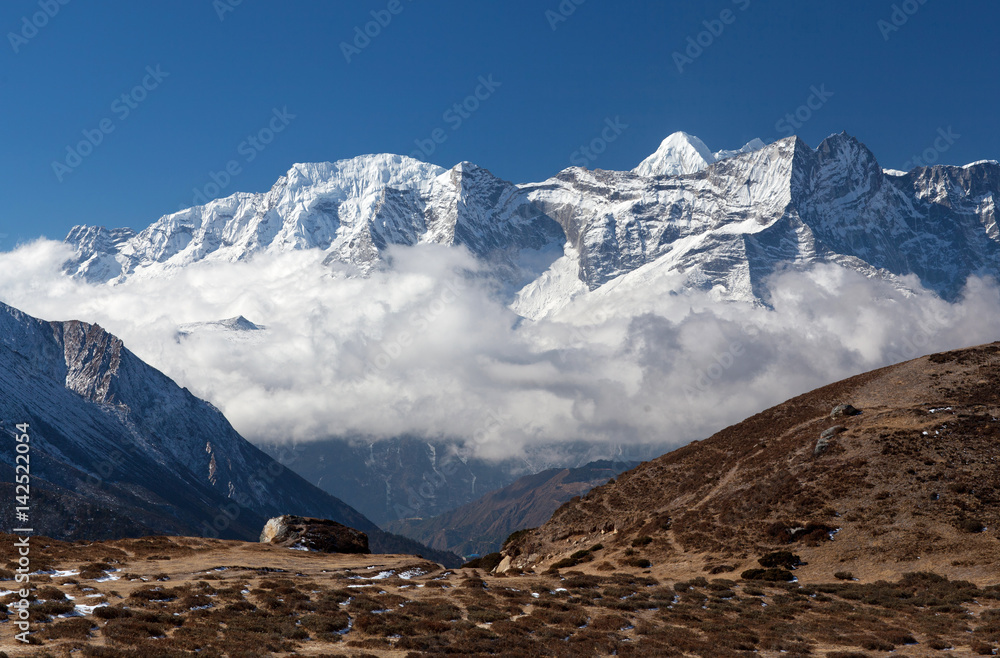 Panoramic view of Kangtega and Thamserku mountains in Sagarmatha National Park, Nepal