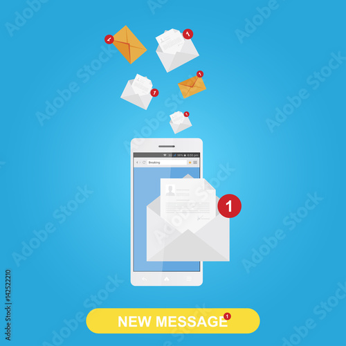 New message in white smartphone on background world map, notification icon. Flat vector illustration EPS 10