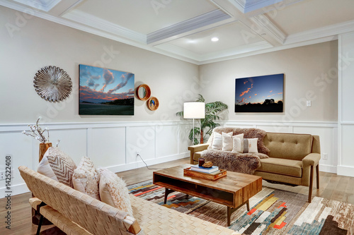 Photography Lovely craftsman style living room with coffered cealing