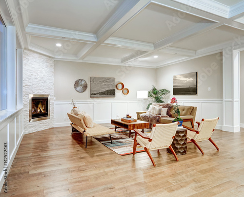 Bilde på lerret Lovely craftsman style living room with coffered cealing