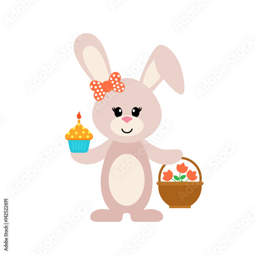 easter cartoon bunny girl with a cake and basket