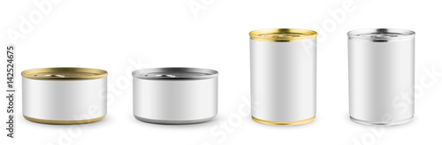 Set of mockups. White blank tincan silver and gold metal Tin Can, canned Food. Isolated on white background. Ready for your design. Real product packing. photo