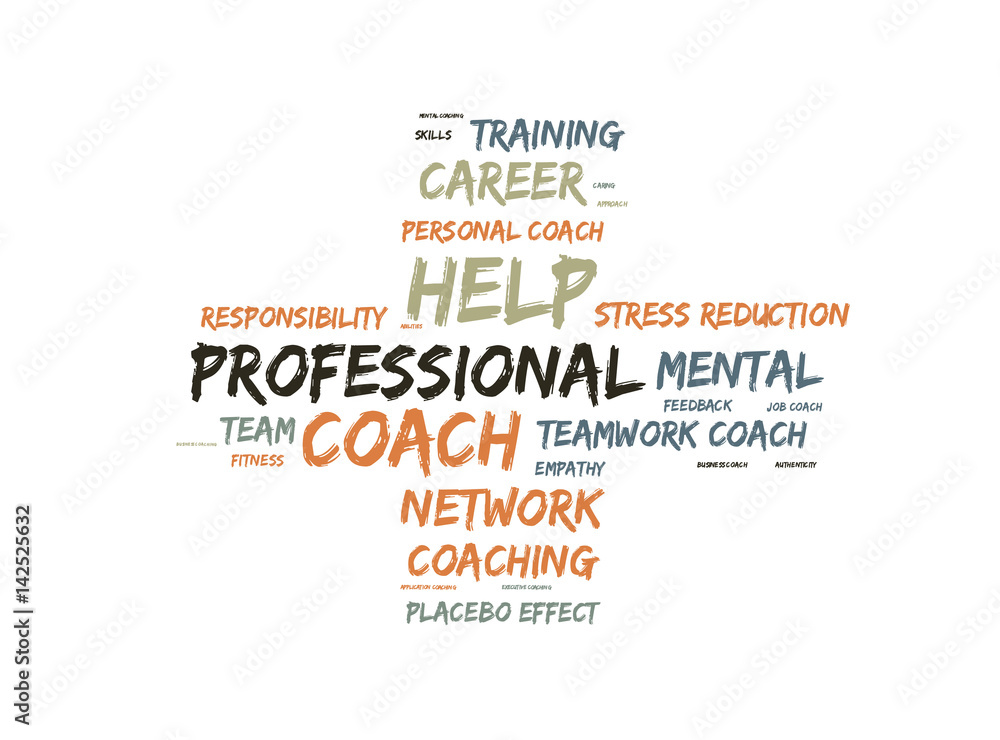 Professional coach word cloud shaped as a cross