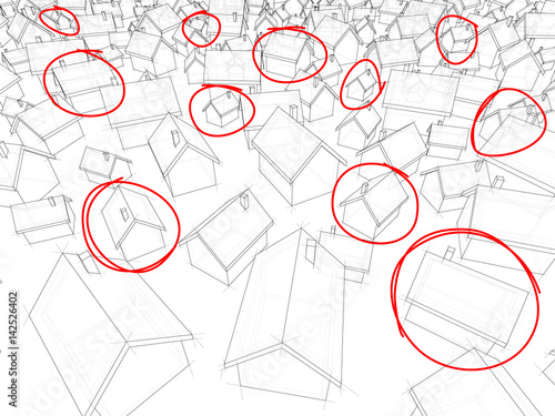 3d illustration of many chaotically standing simple detached houses of different sizes 
with hand drawn circle sketches highlighting some houses
