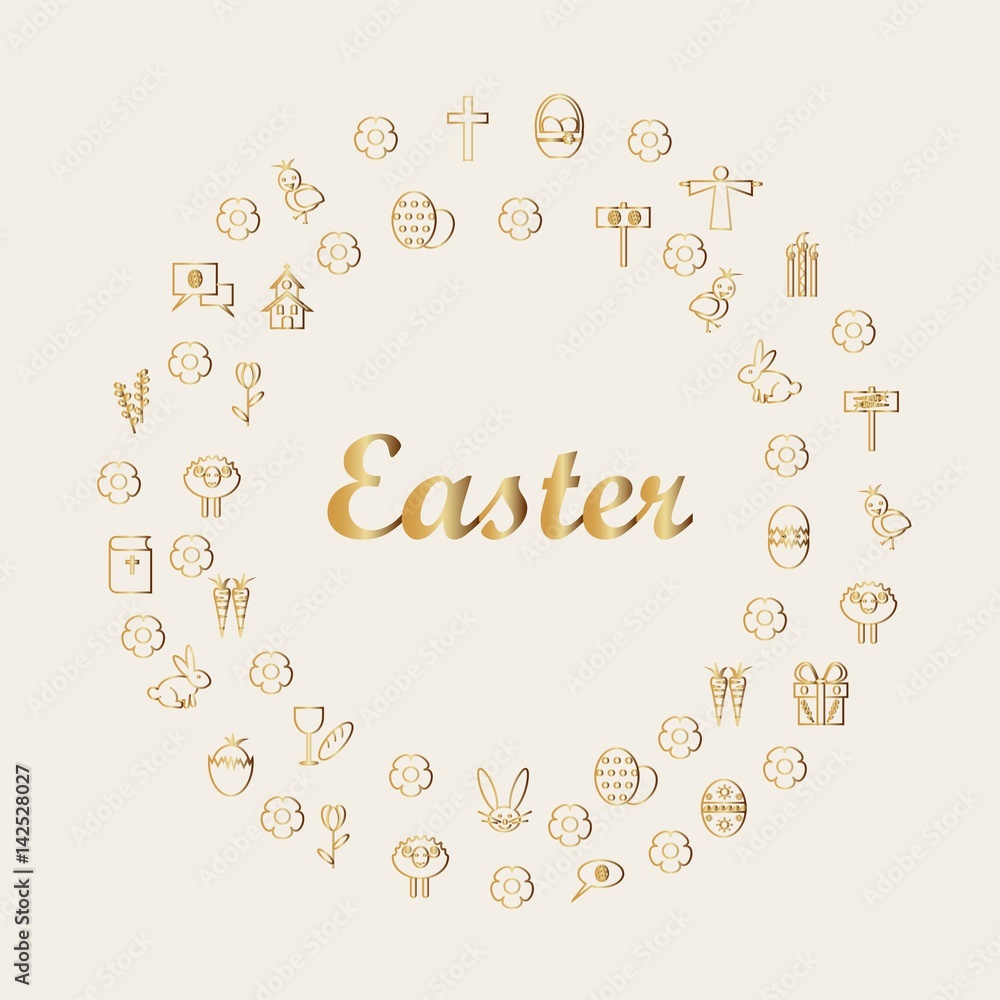 Easter typography banner, round background, gold icons stock vector illustration