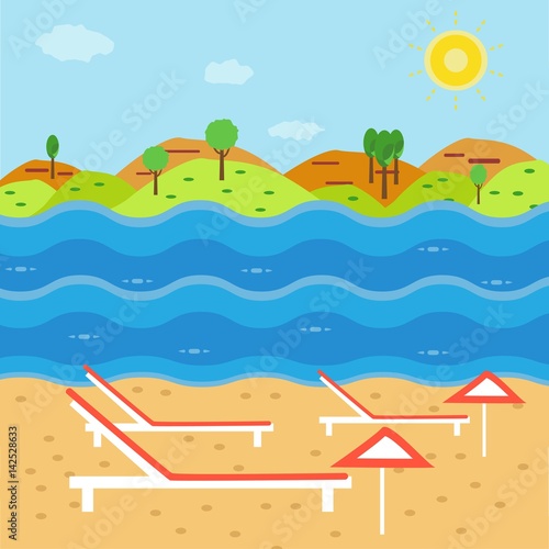 Vector illustration of a Summer beach in flat design, aerial view, sea side, umbrellas