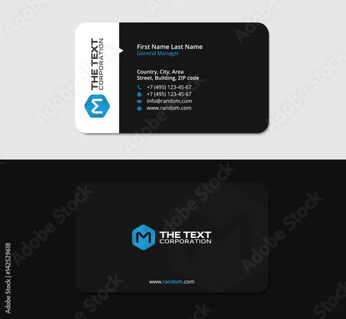 modern black business card with the letter M and blue cube