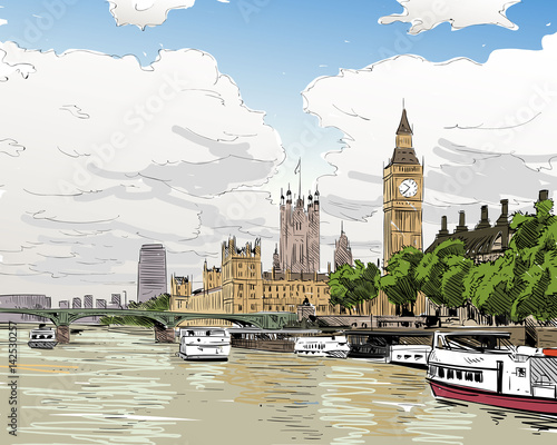 London cityscape hand drawn. Big Ben. England. vector illustration.