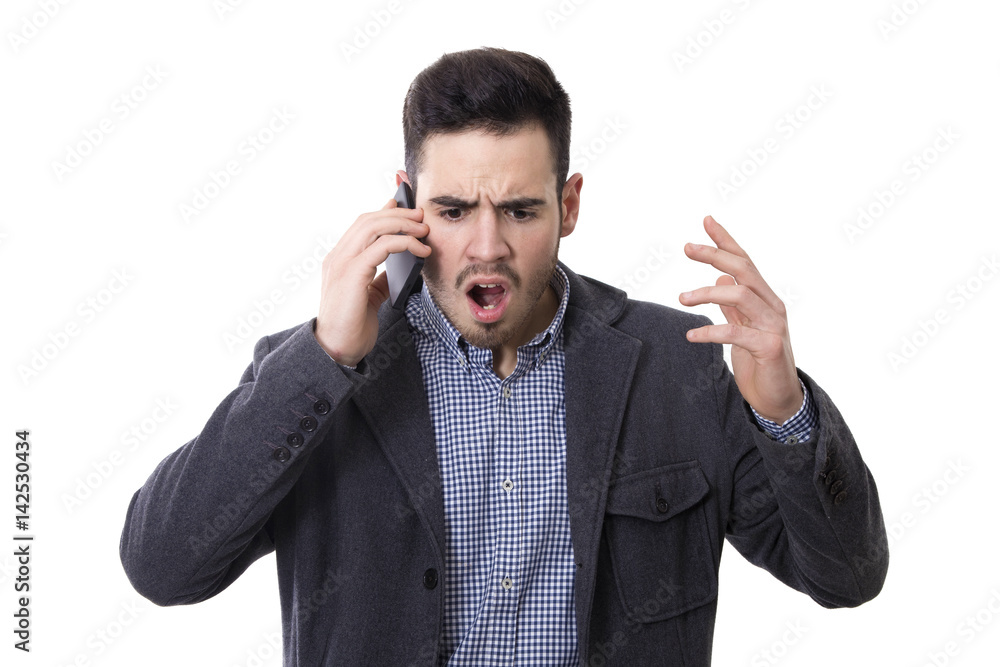 man arguing over the phone isolated on white man arguing over the phone isolated on white