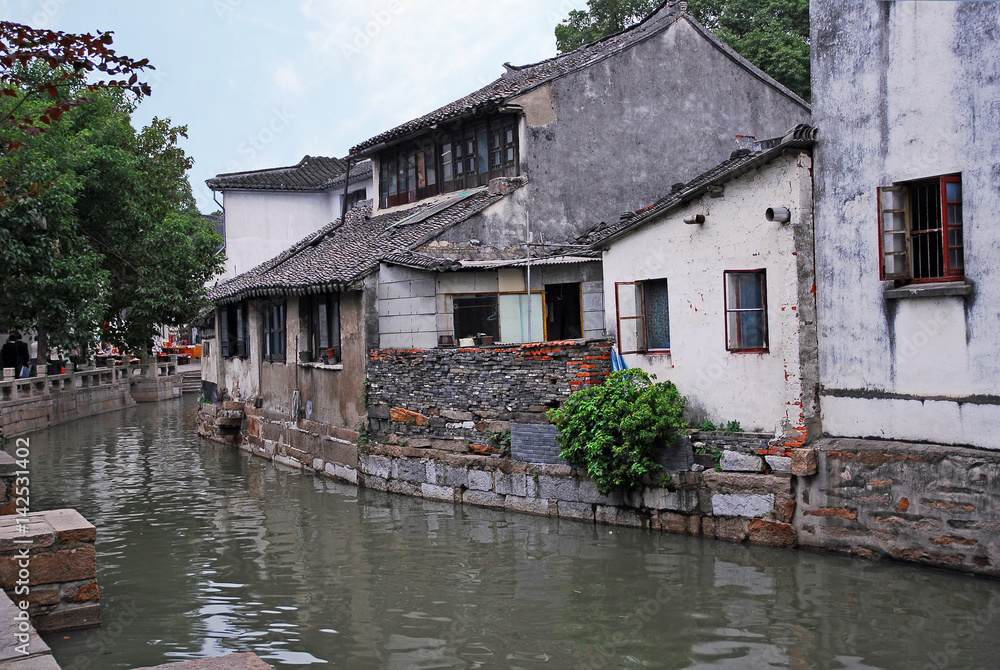 China, Shanghai water village Tongli. Typical houses along a village canal, 